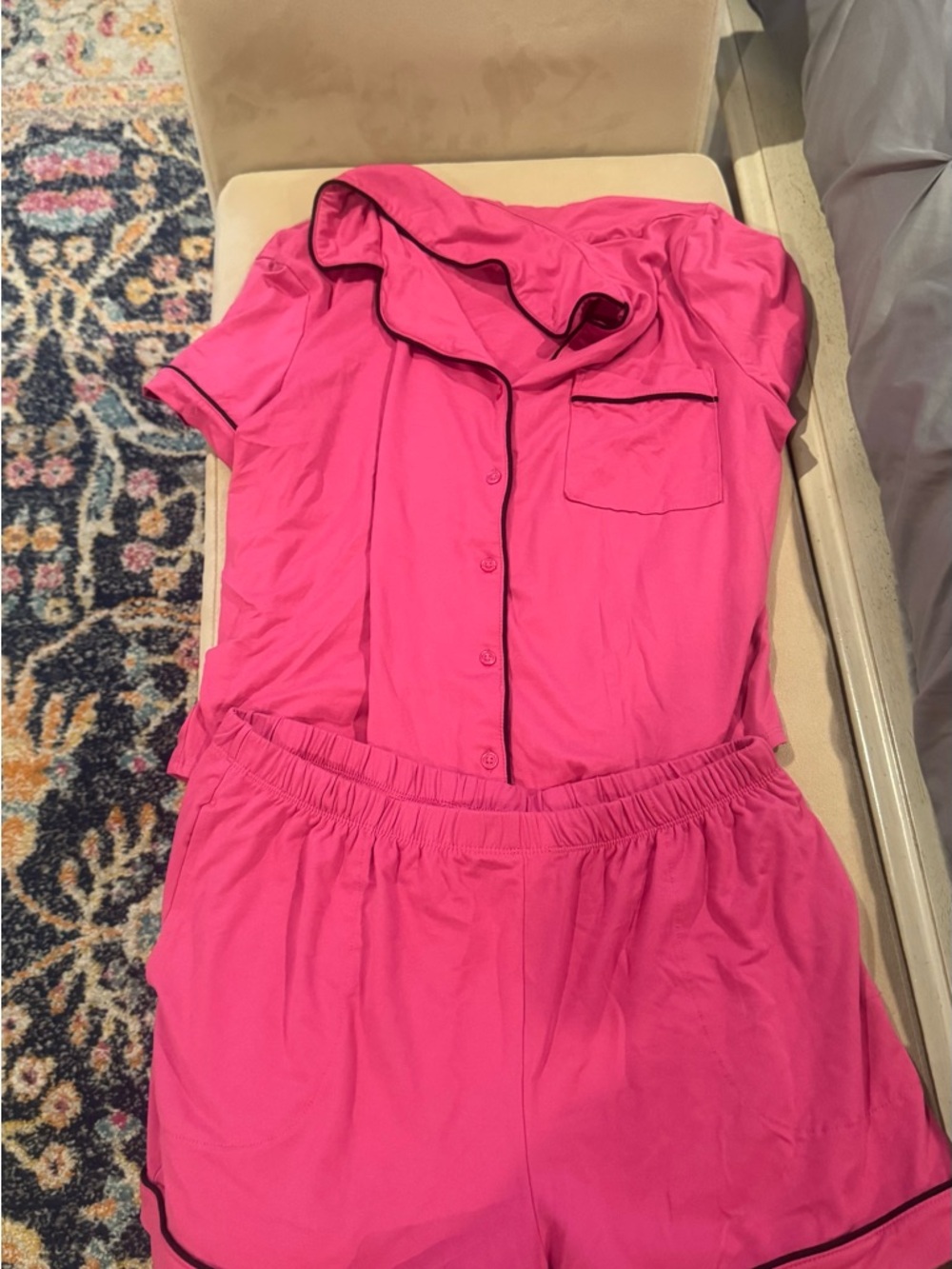 Hot Pink Two-Piece Pajama Set with Black Trim